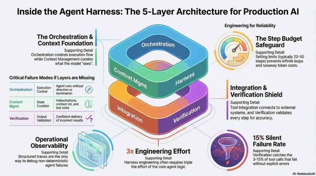 Agent harness architecture infographic showing the system layers, orchestration patterns, and component interactions