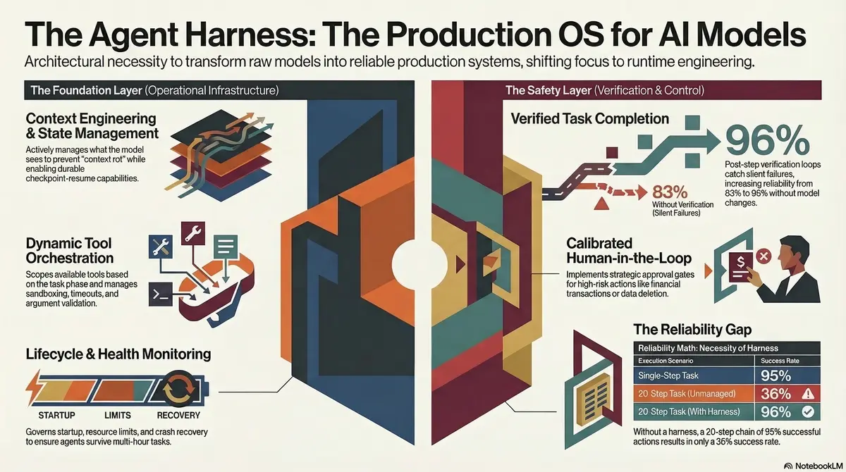 Agent harness complete guide infographic showing six core components in foundation layer (context engineering, tool orchestration, state management) and safety layer (verification, human-in-the-loop, lifecycle management)