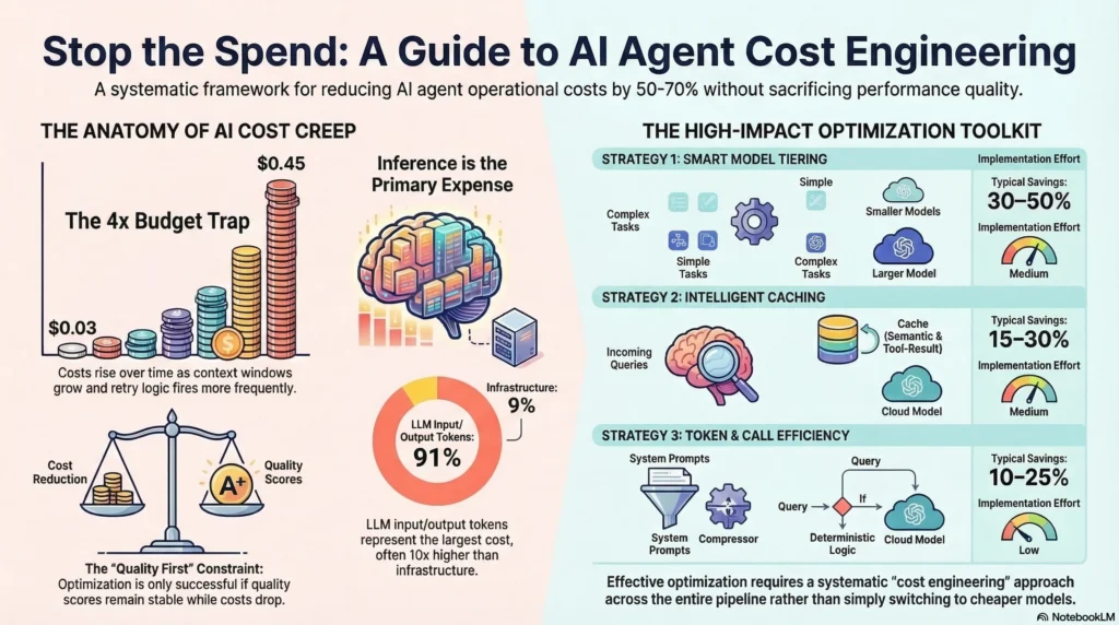 AI agent cost optimization infographic showing cost engineering patterns, token budgets, and model tiering strategies