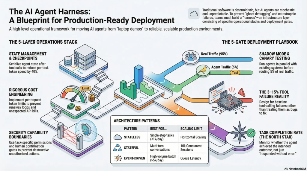 AI agent deployment infographic showing the five-layer operations stack, deployment gates, and cost engineering patterns