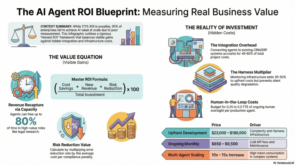 AI agent ROI calculator infographic showing cost components, value metrics, and calculation framework