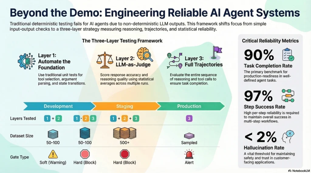 AI agent testing infographic showing testing layers, evaluation metrics, and production readiness checklist