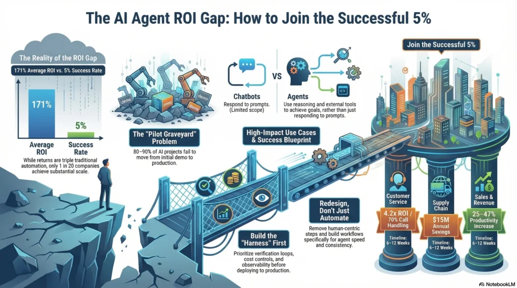 AI agents for business infographic showing enterprise use cases, ROI metrics, and implementation timeline